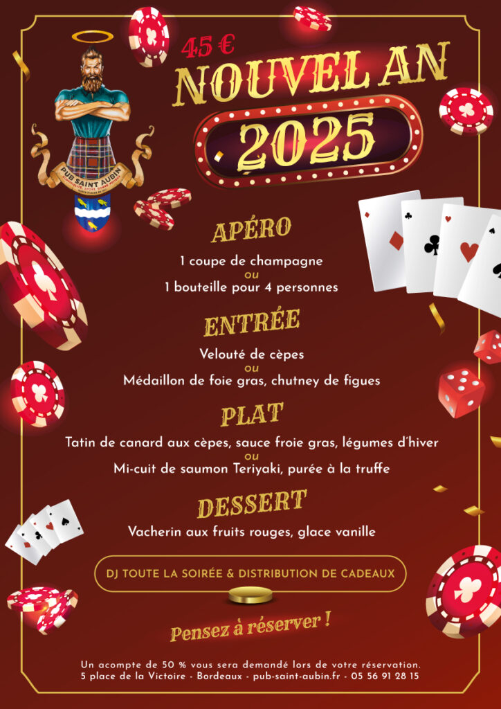 Soirée Casino pour le Nouvel An 2025 au Pub Saint Aubin à Bordeaux !